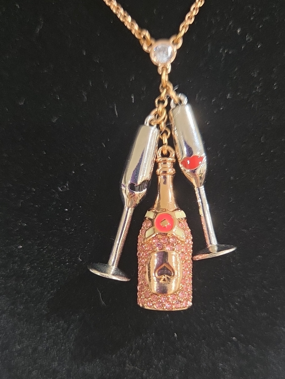 Kate Spade Gold-Tone Necklace with Pink Crystal Champagne Bottle & Flute Charms